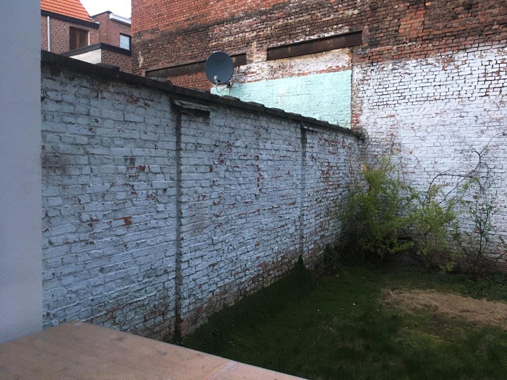 Oude tuinmuur met verweerde, afbladderende verf, vóór de werken